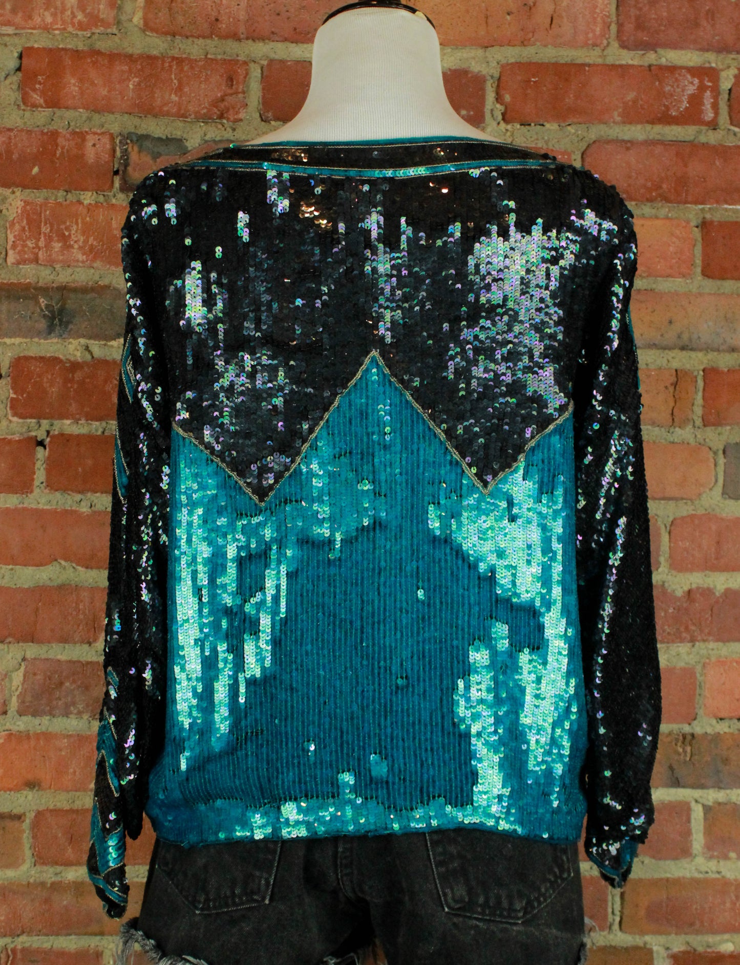 Women's Vintage Black And Teal Sequined Silk Blouse - Small